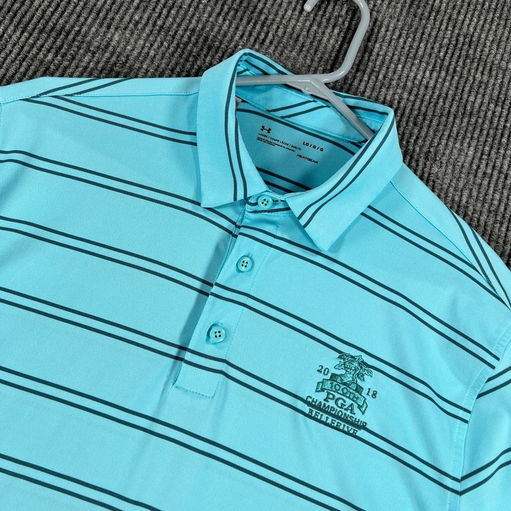 Under Armour Polo Shirt Mens Large Blue Striped Short Sleeve Heat Gear Loose Fit